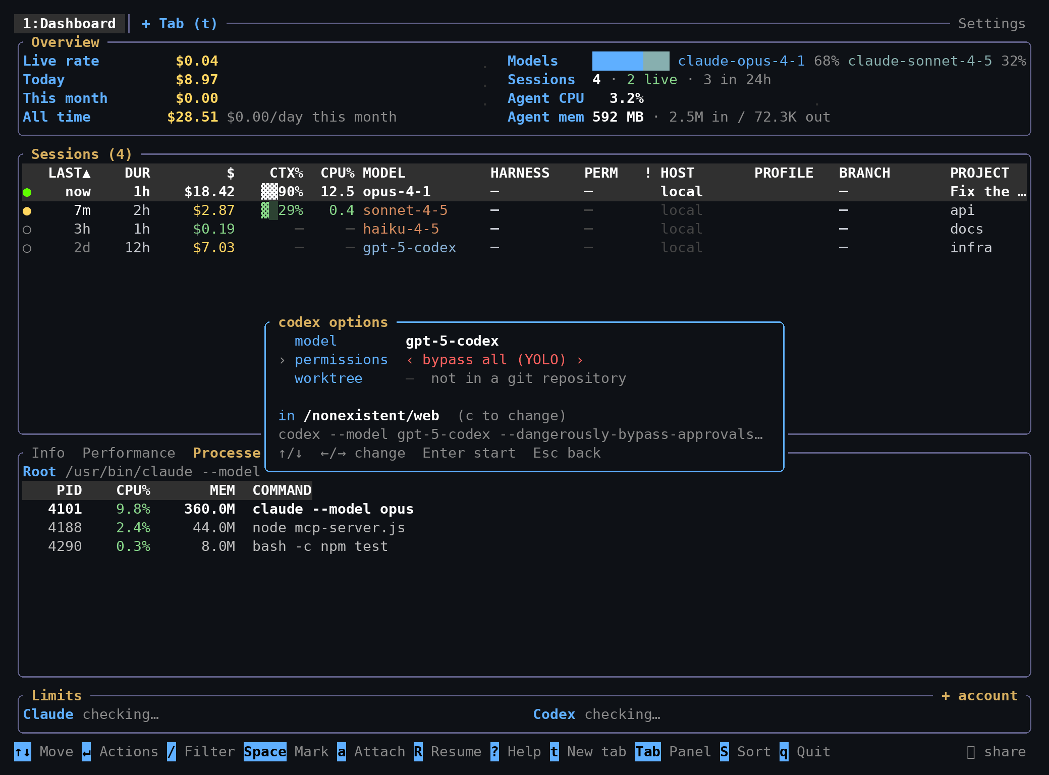 A new tab: the agent, its model, permissions and worktree, and the command it will run