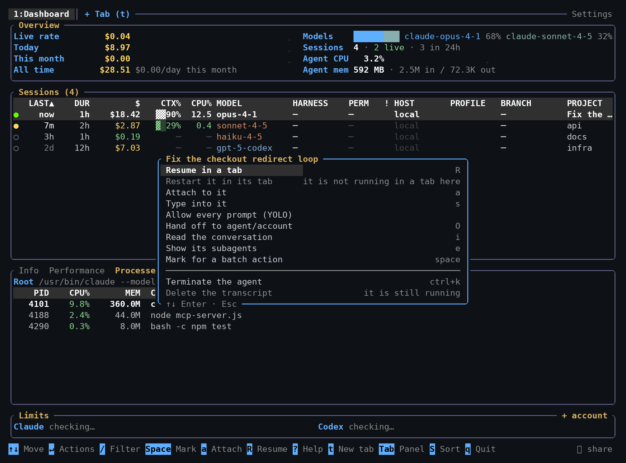 The row menu on a running session, with each action’s key