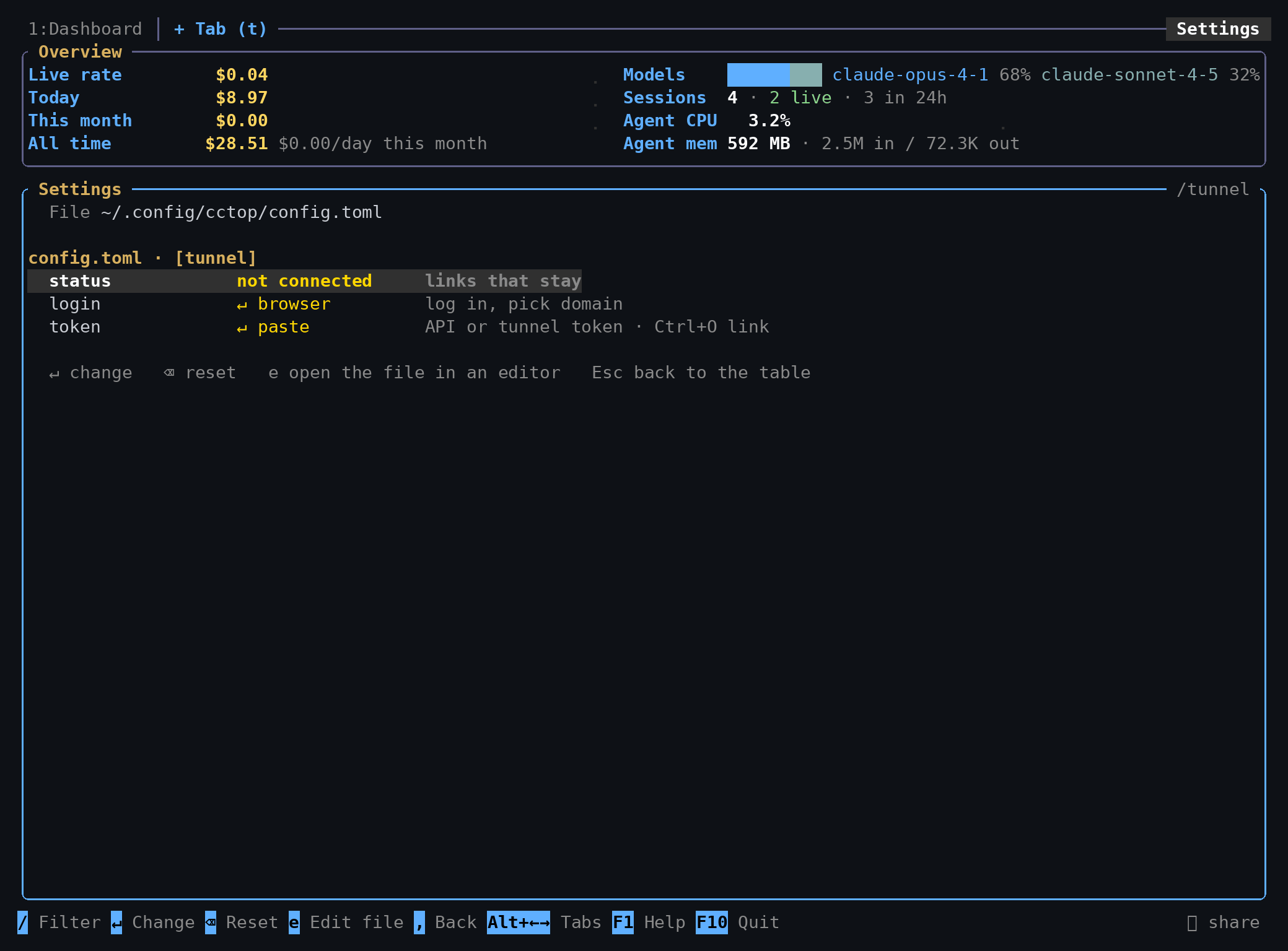 The tunnel rows in Settings: login, token, and whether it is connected