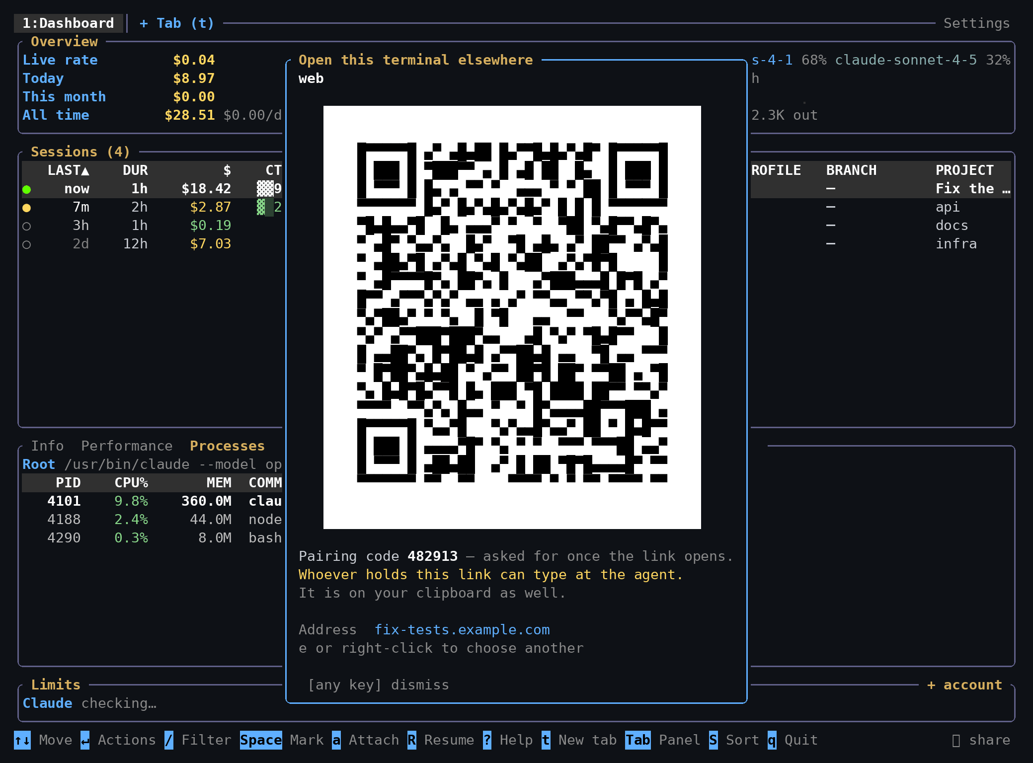 Sharing a terminal: a link, a QR code and a pairing code