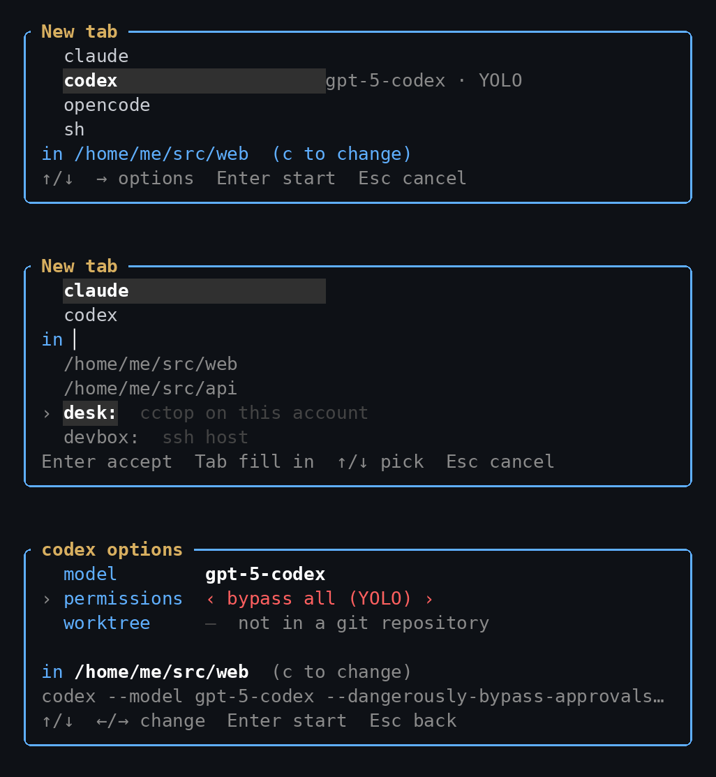 Three steps of the New tab menu: the list of agents with codex set to gpt-5-codex and YOLO; the place field offering local projects, a sibling machine named desk and an ssh host; and codex's options for model, permissions and worktree