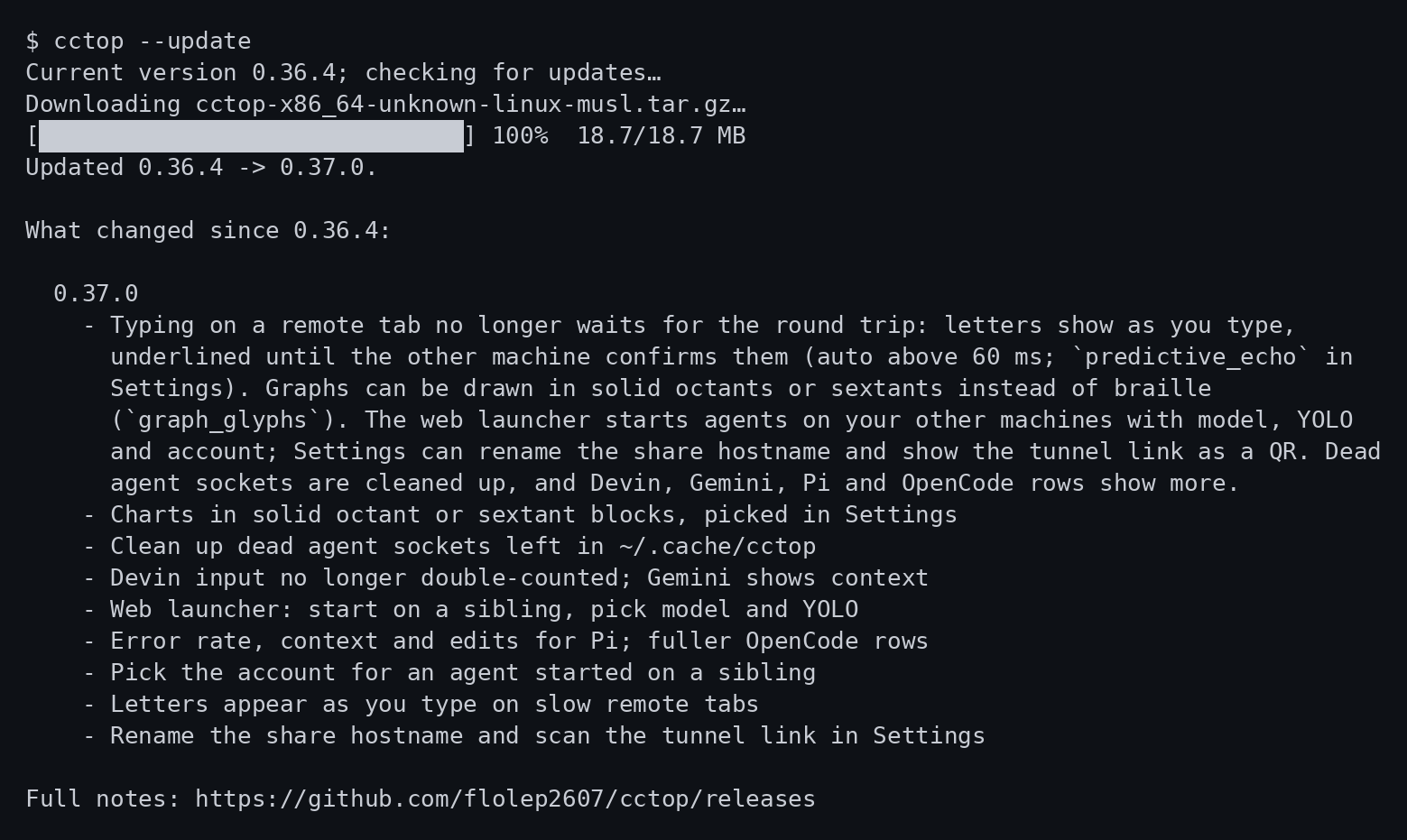 cctop –update in a terminal: it downloads the new archive, updates 0.36.4 to 0.37.0, and prints what changed
