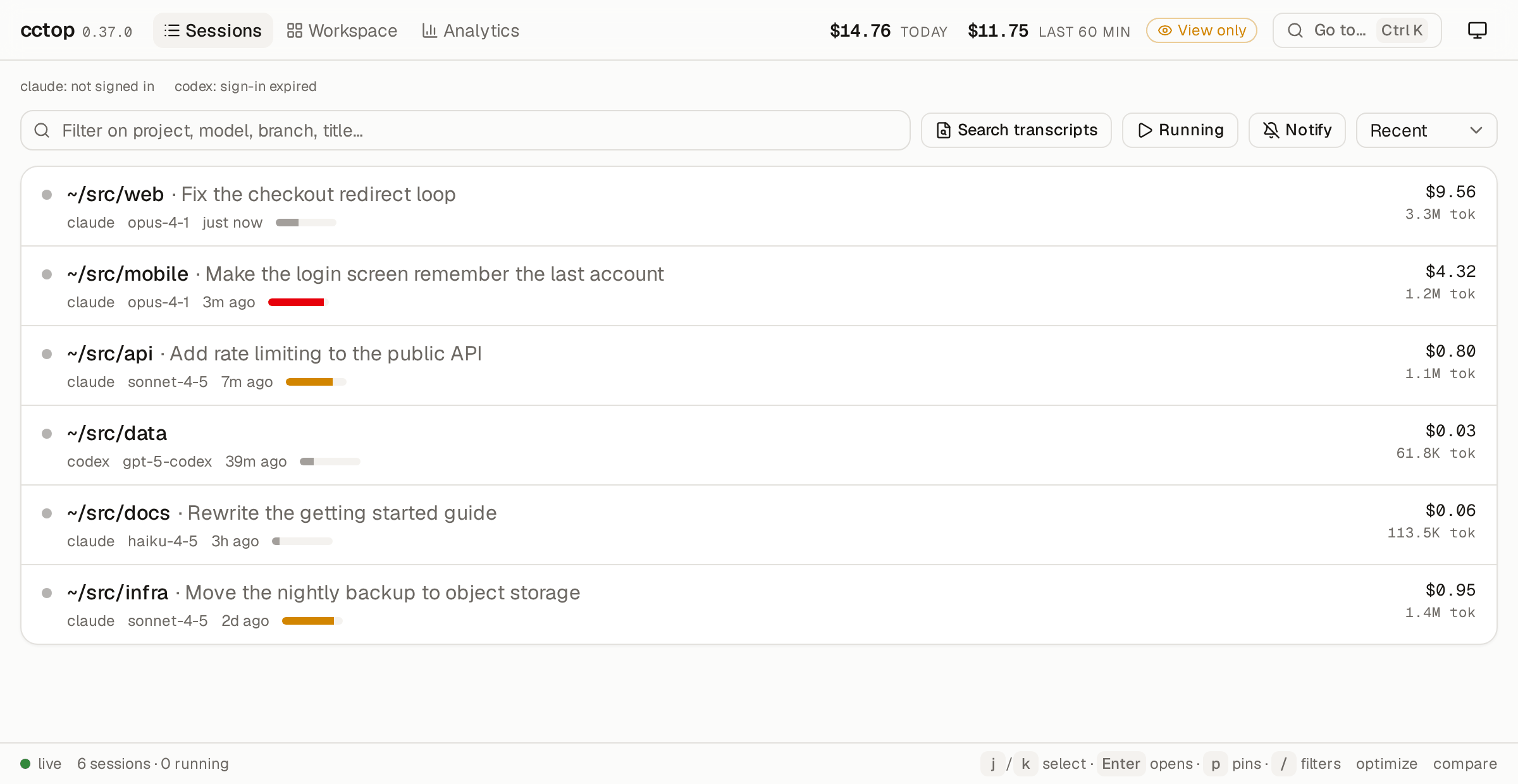 cctop serve in a browser: the session list with project, title, model, cost and context per row