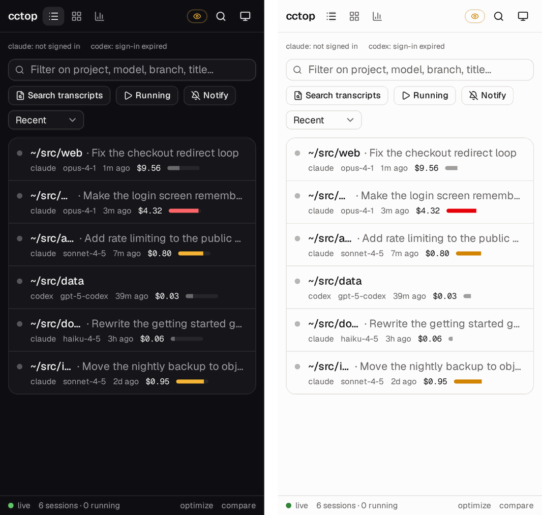 The same page at phone width, in the dark and the light theme
